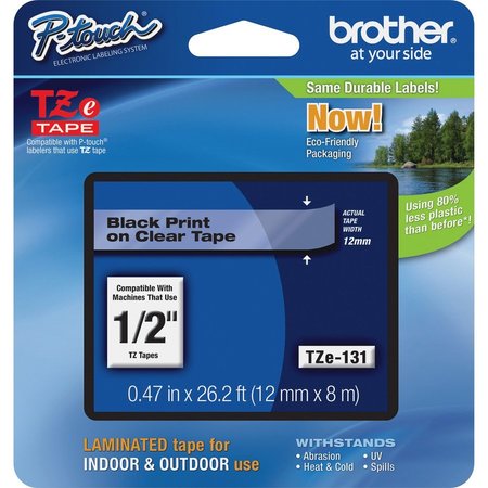 BROTHER P TOUCH TAPE, 1/2 INCH BLACK ON CLEAR TAPE,  TZE131